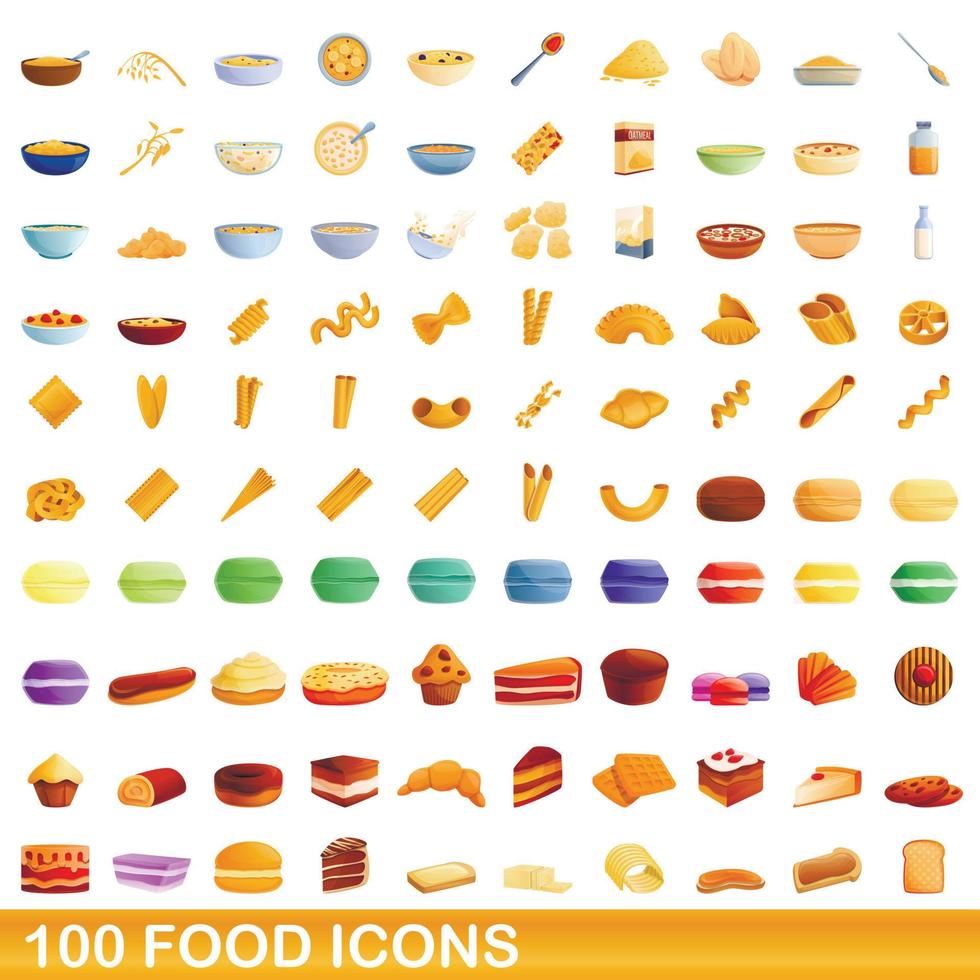 100 food icons set, cartoon style vector