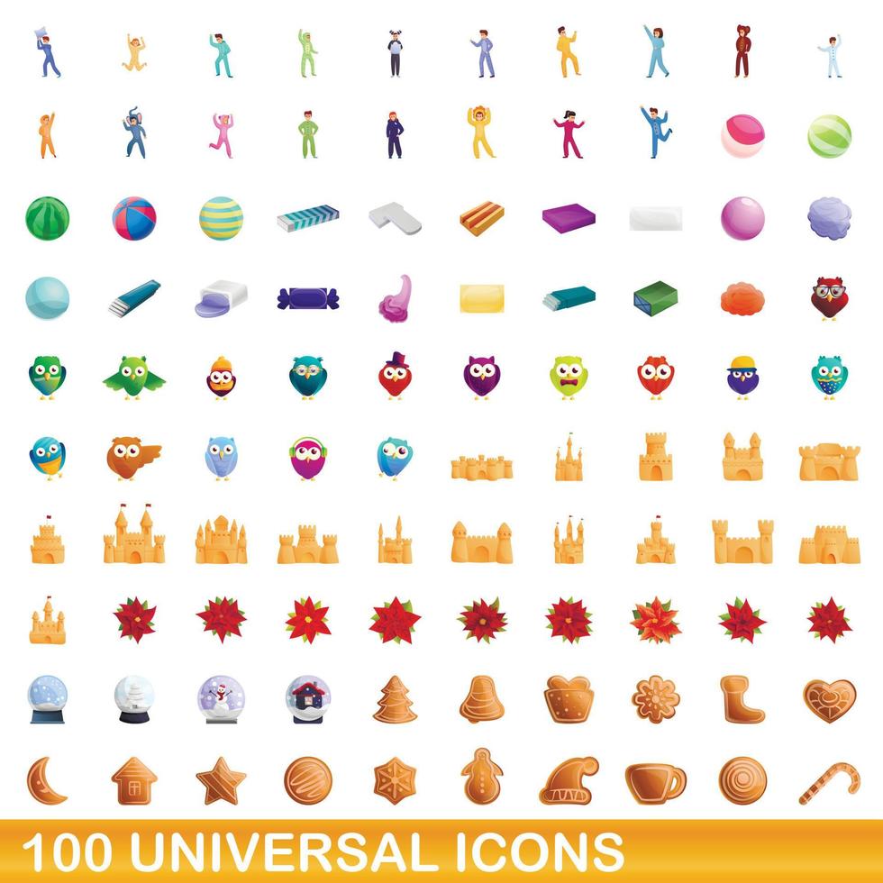 100 universal icons set, cartoon style vector