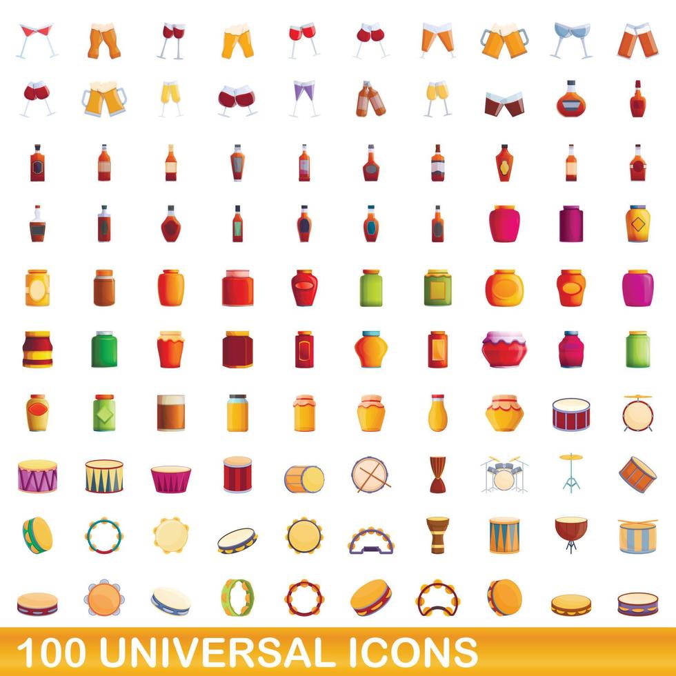 100 universal icons set, cartoon style vector