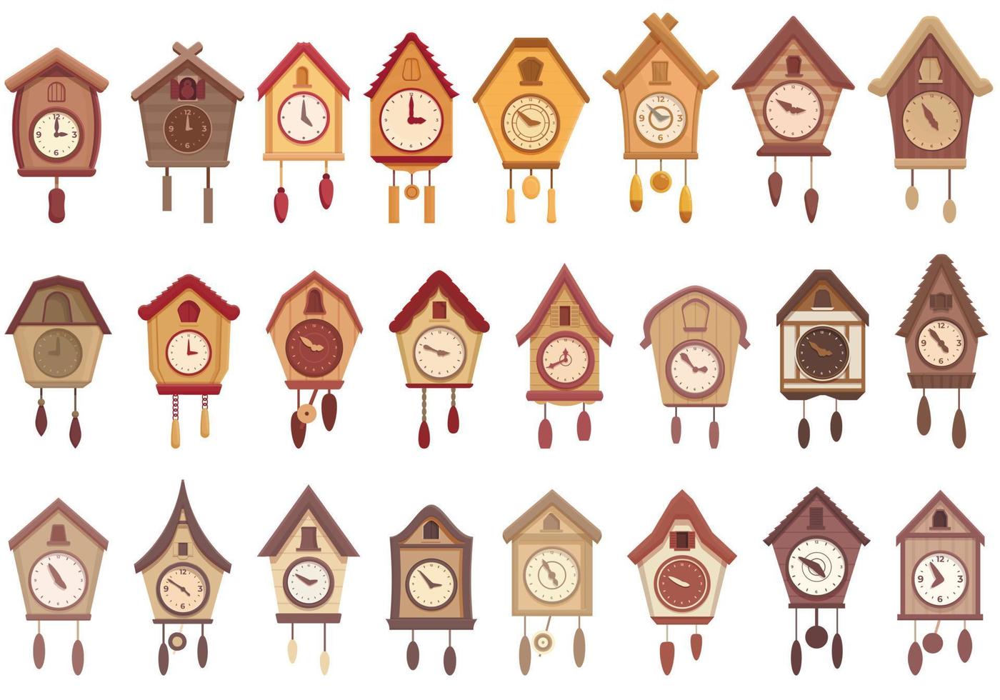 iconos de reloj de cuco establecer vector de dibujos animados. reloj de horas