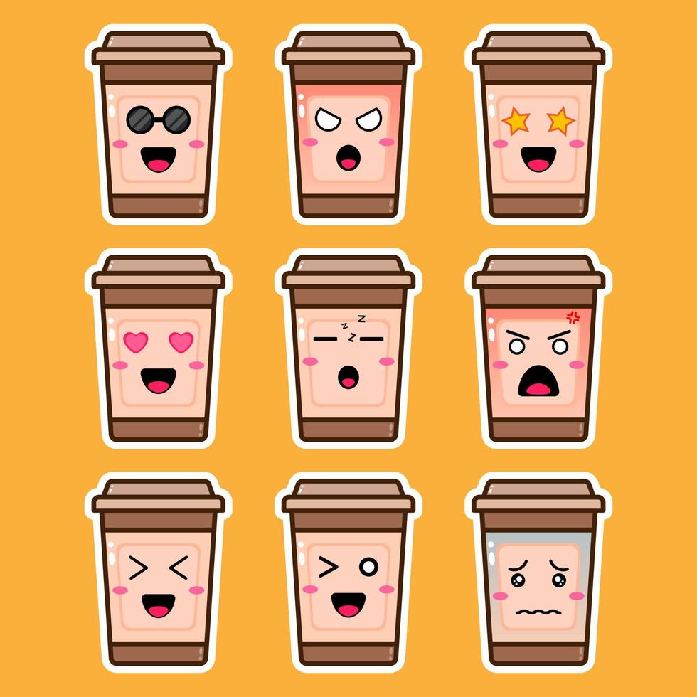 Coffee cup cartoon character with different emotions. perfect for sticker decoration. vector