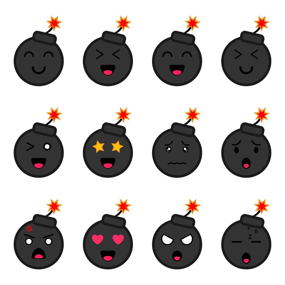 Cute funny happy bomb cartoon set collection. Vector flat line cartoon kawaii illustration icon. Isolated on white background. with face mascot bundle concept