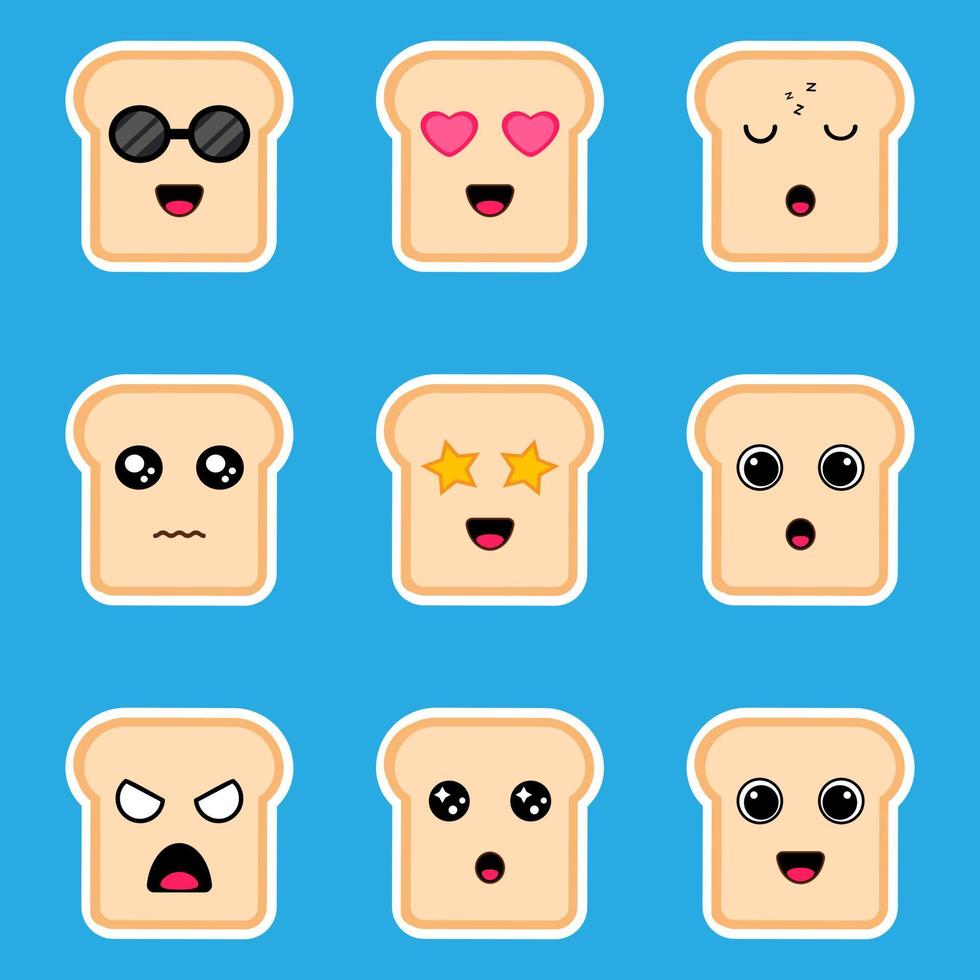 linda y divertida colección de tostadas de pan feliz. icono de ilustración kawaii de dibujos animados de línea plana vectorial. brindis con concepto de paquete de mascota de carácter facial vector