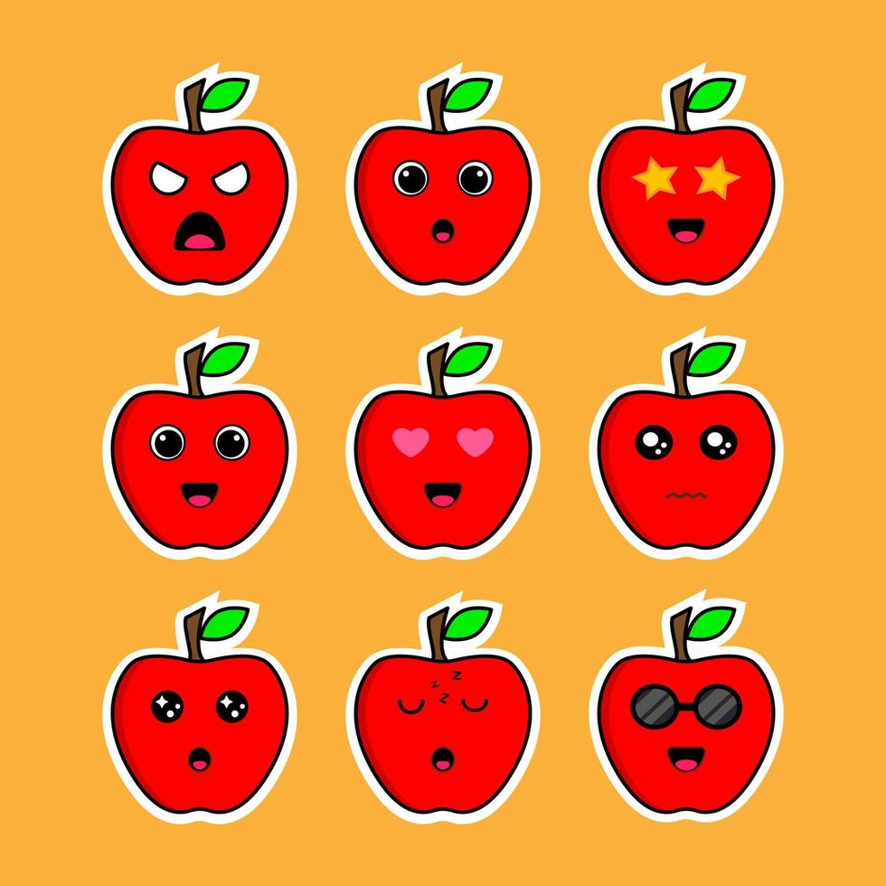 ilustración de emoticono de manzana con expresión de diferentes emociones. vector