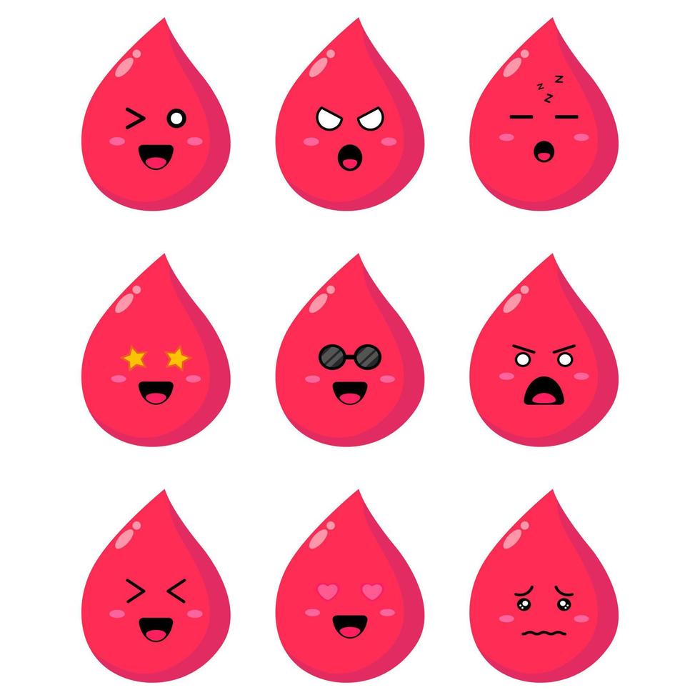 Blood group vector icons isolated on white. Drops of blood with emoticon
