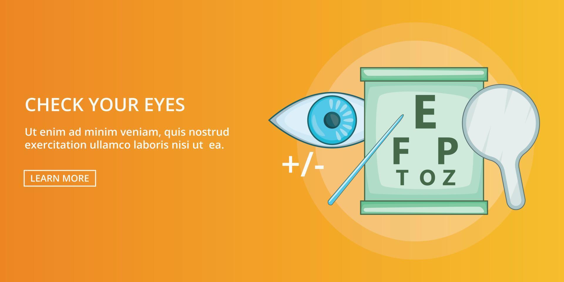 Check your eyes banner horizontal, cartoon style vector