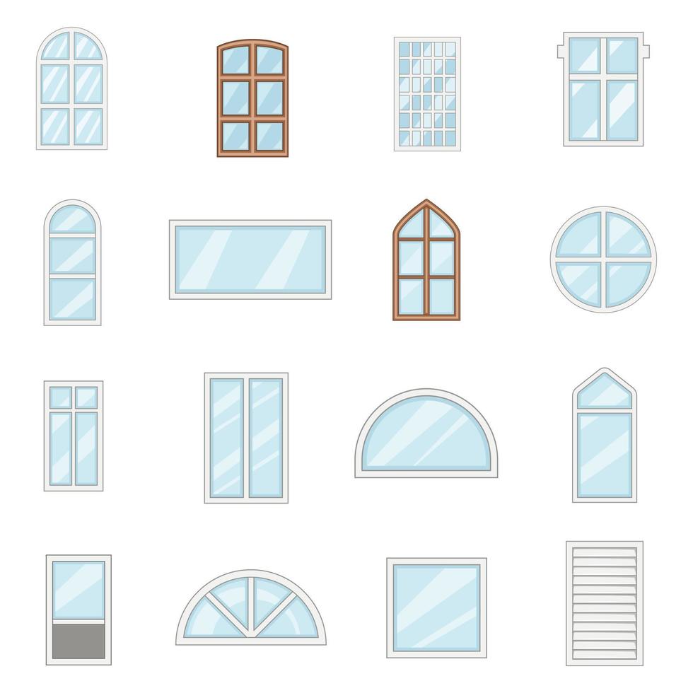 Window design types icons set, cartoon style vector