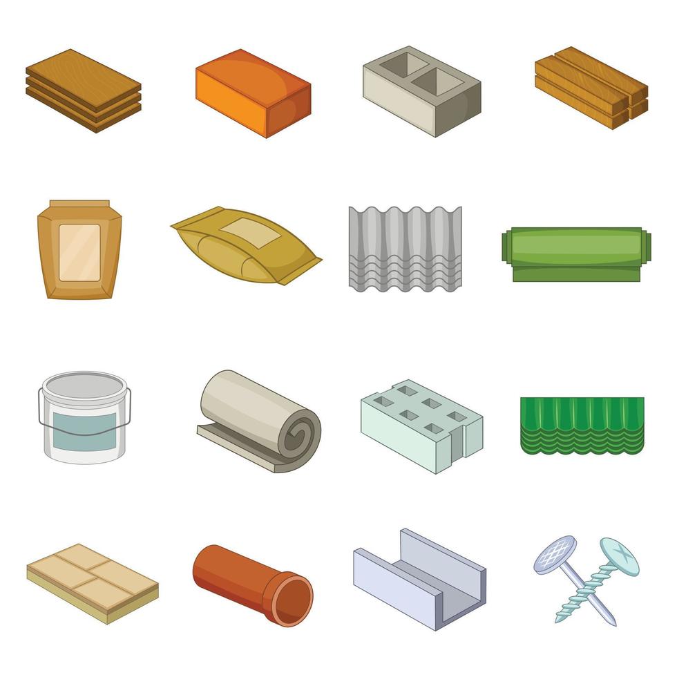 Building material icons set, cartoon style vector
