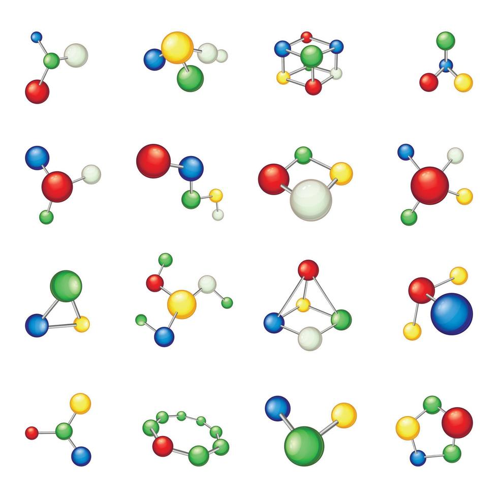 Molecule icons set, cartoon style vector