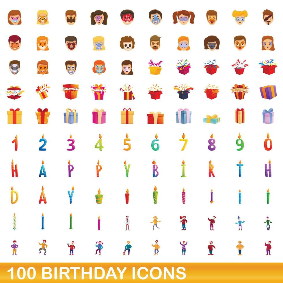 100 cumpleaños, conjunto de iconos de estilo de dibujos animados vector