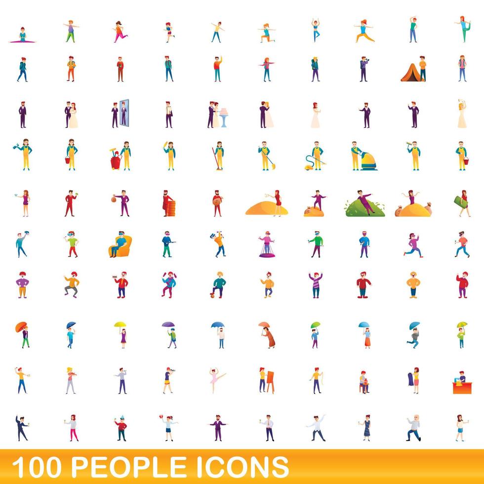 100 people icons set, cartoon style vector
