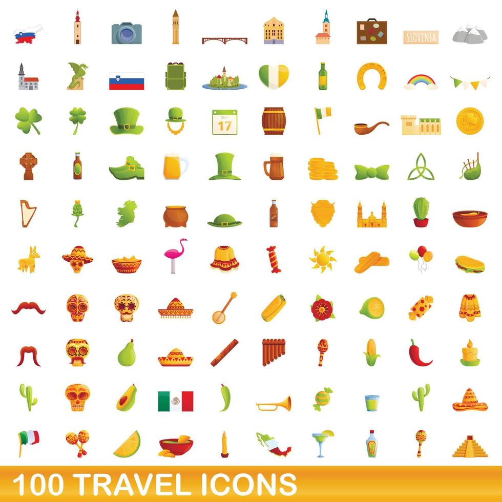 100 travel icons set, cartoon style vector