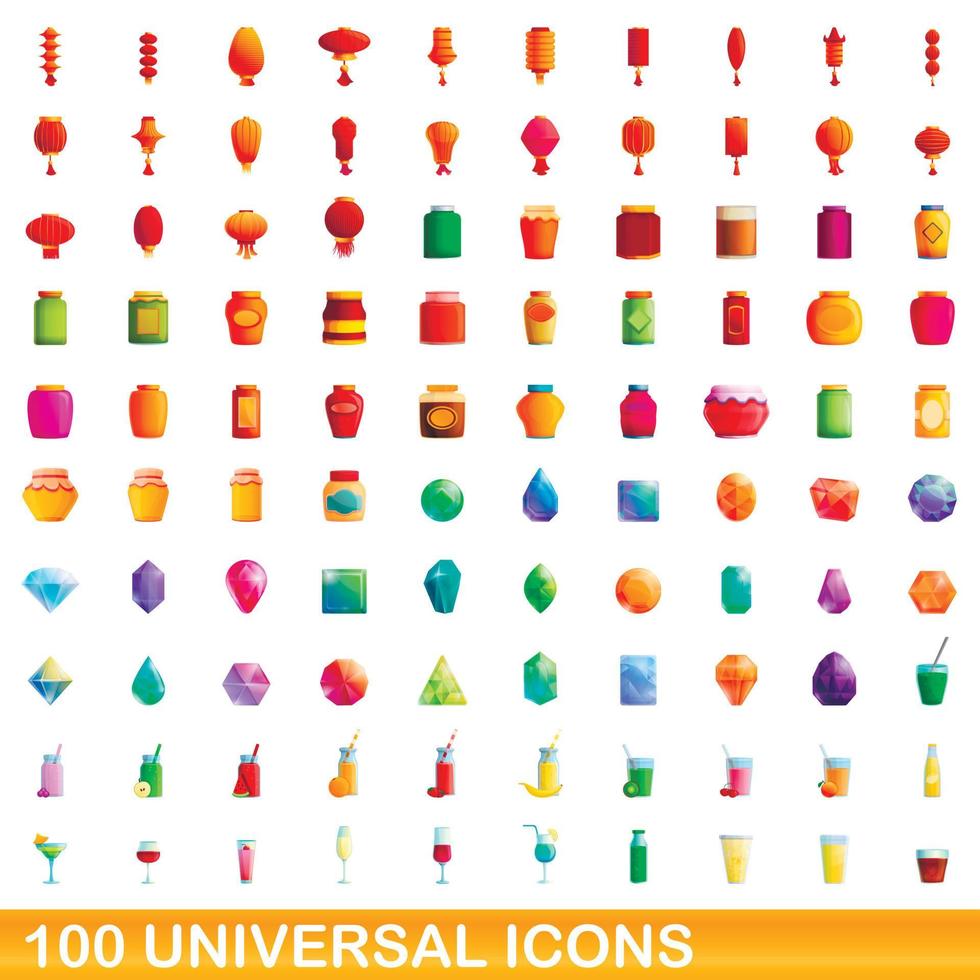 100 iconos universales, estilo de dibujos animados vector