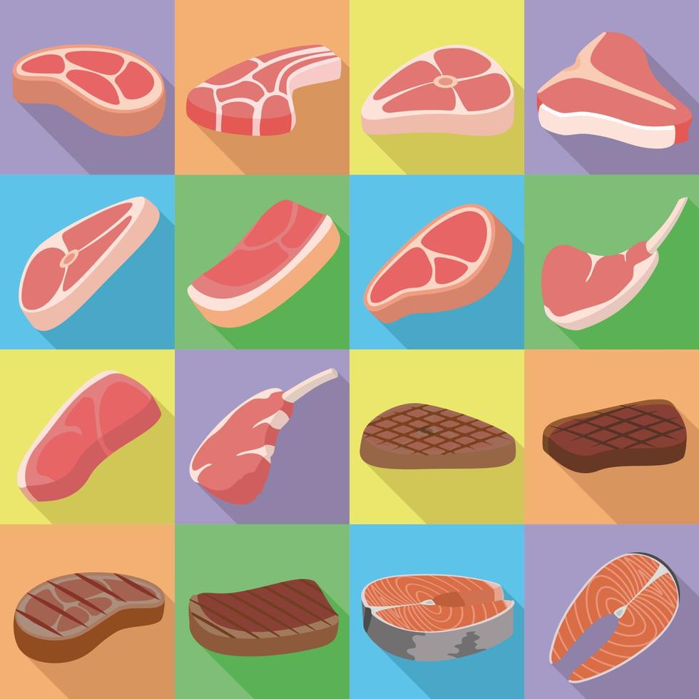 Steak icons set, flat style vector