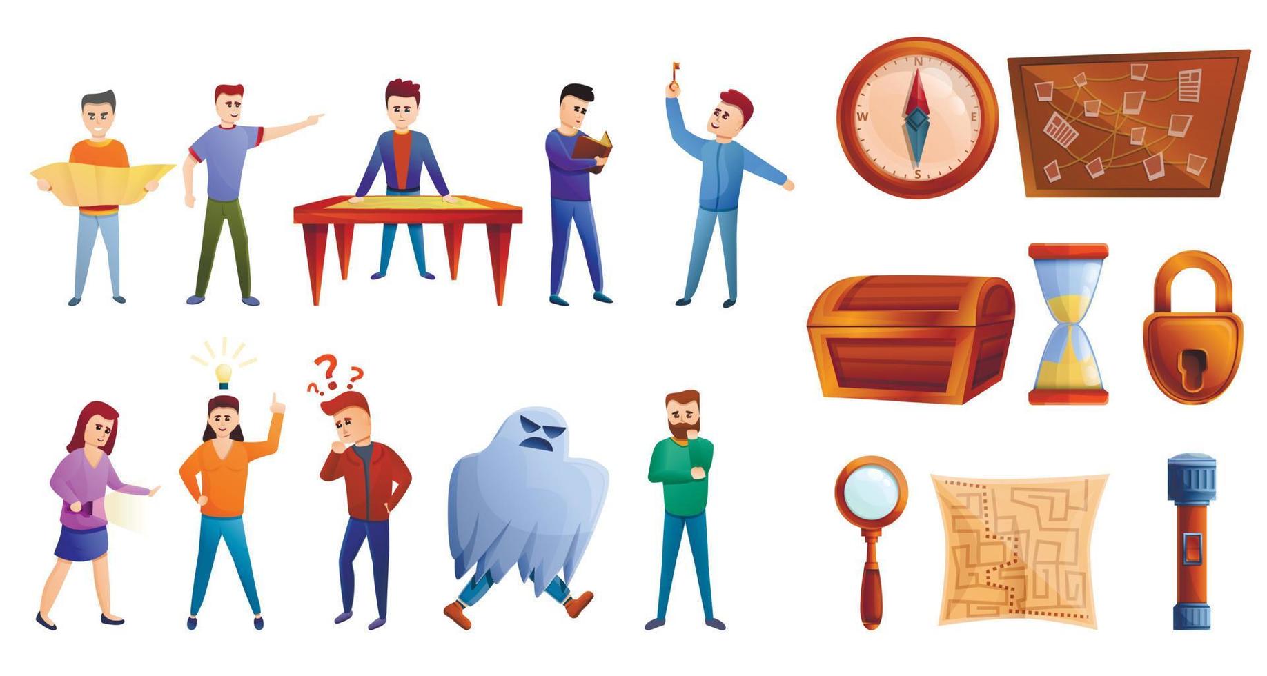 Quest game icons set, cartoon style vector