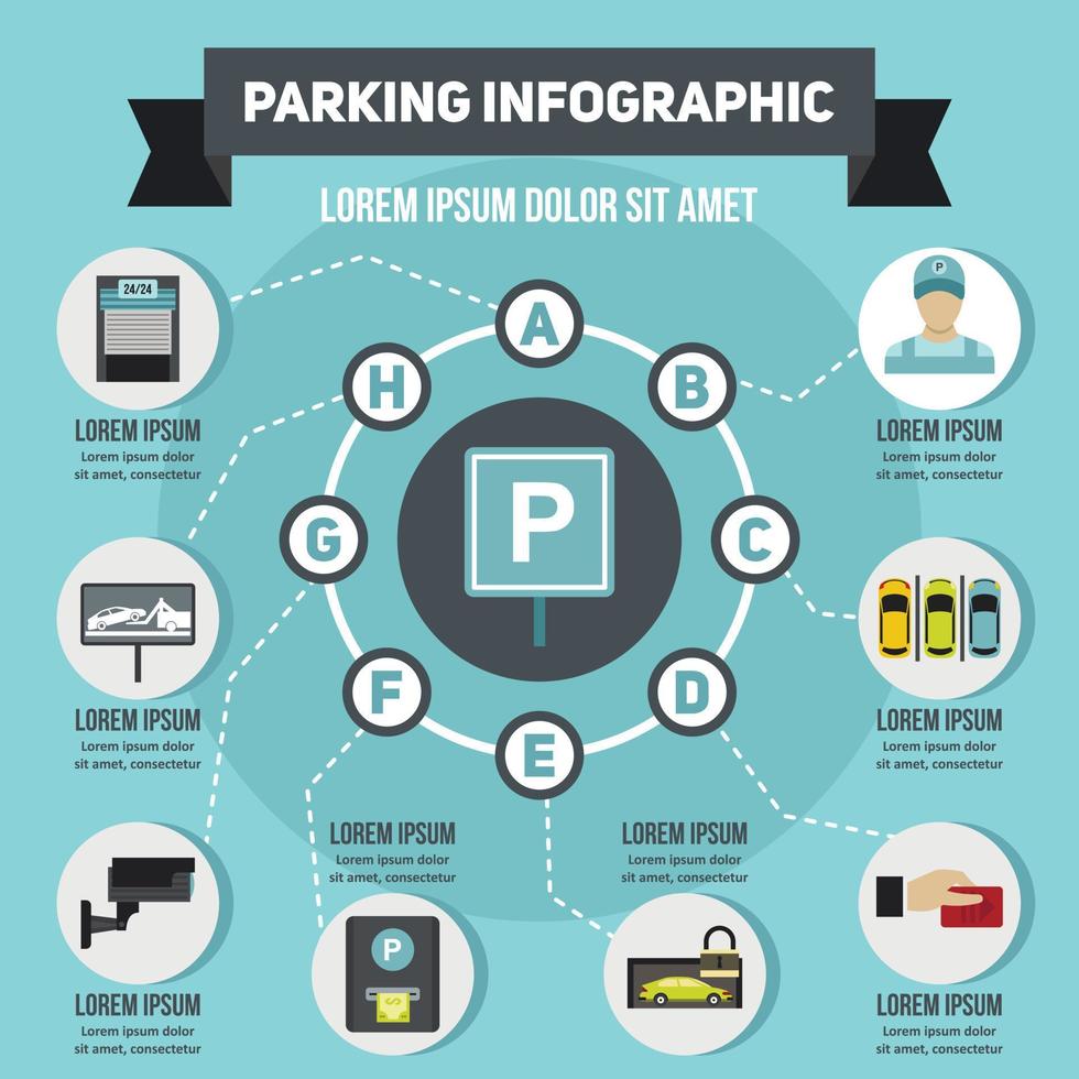 concepto infográfico de estacionamiento, estilo plano vector