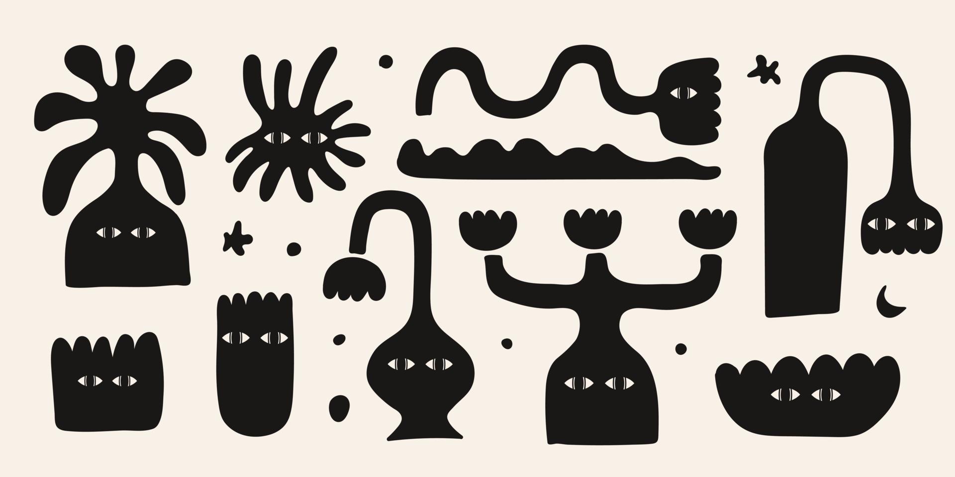 Abstract set with black various strange vases and flowers. Trendy hand drawn fictional characters isolated on a light background. vector