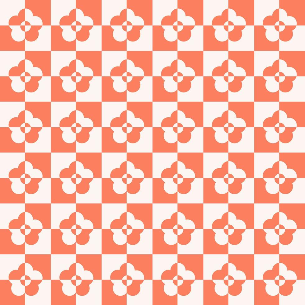 patrón sin costura monocromo de tablero de ajedrez con flores cortadas en forma geométrica. colorido fondo vectorial estético en estilo retro de los años 60, 70. vector