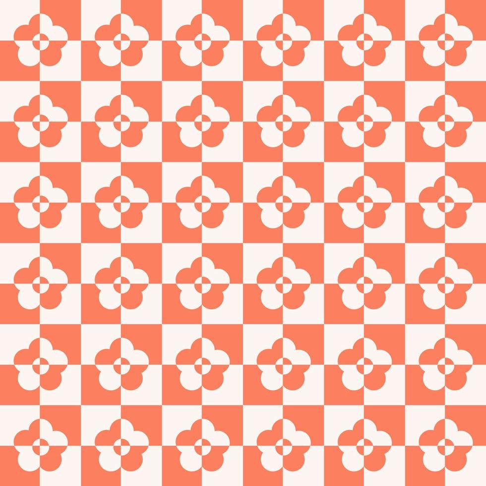 Checkerboard monochrome seamless pattern with cut geometric shaped flowers. Colorful aesthetic vector background in retro style 60s, 70s.