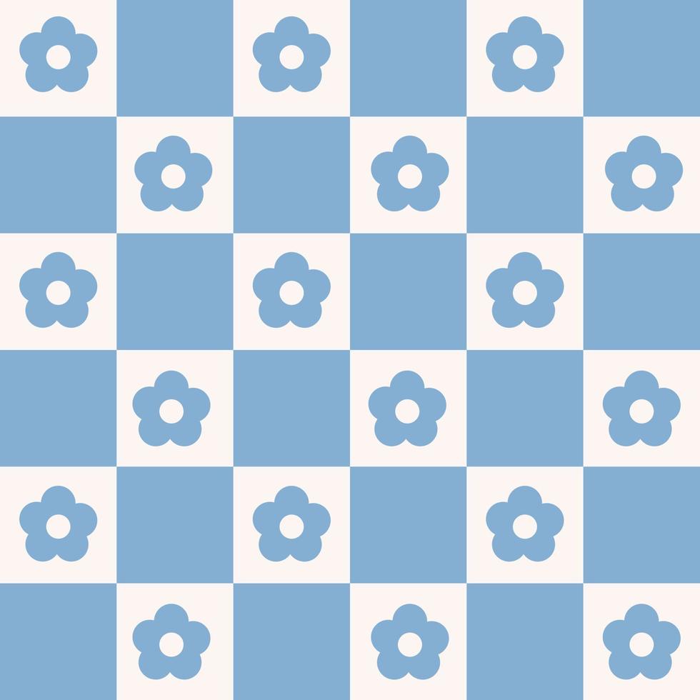 Checkerboard monochrome seamless pattern with blue geometric shaped flowers. Colorful vector background in retro style 60s, 70s.