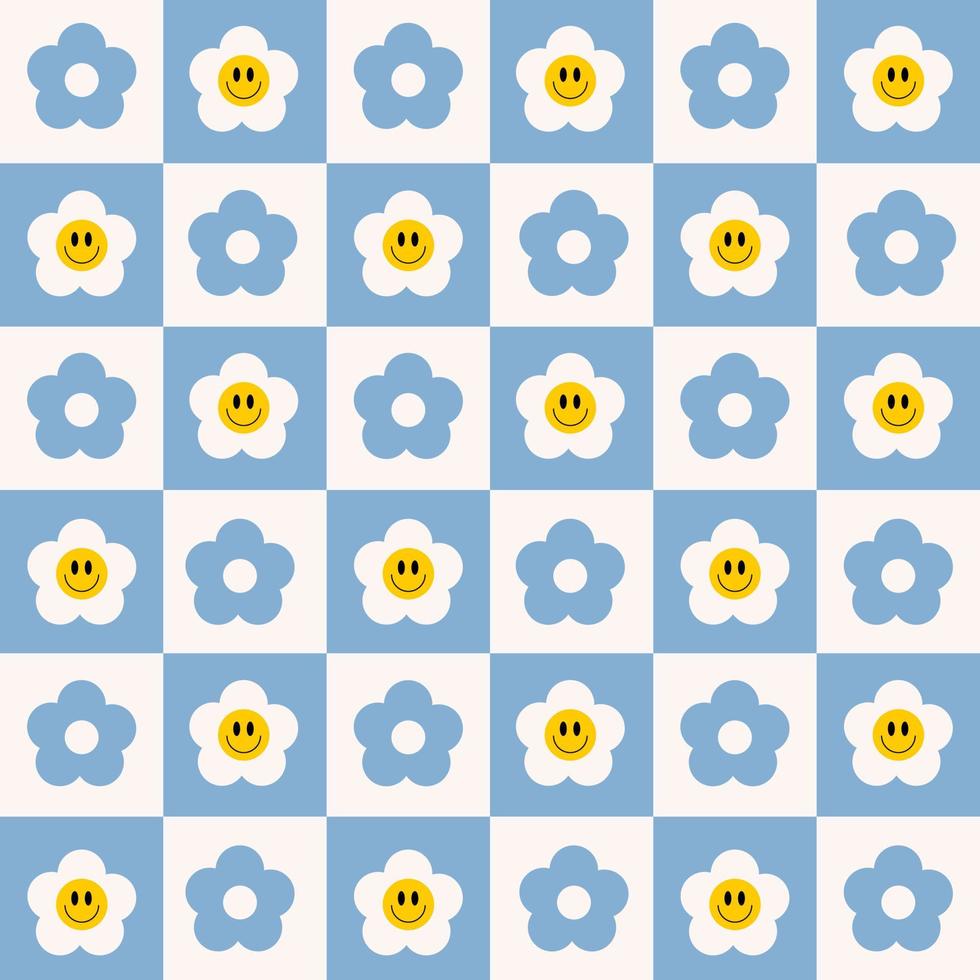 Retro checkerboard groovy seamless pattern with smiling flowers on a white blue background. Cute colorful trendy vector illustration in style 70s, 80s