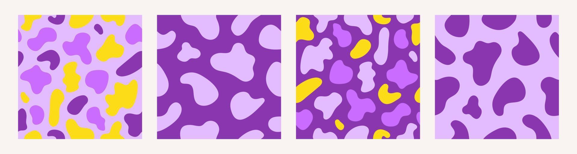 moda establecer patrones sin fisuras de pieles de animales manchados. impresión abstracta en colores amarillo violeta. ilustración vectorial vector