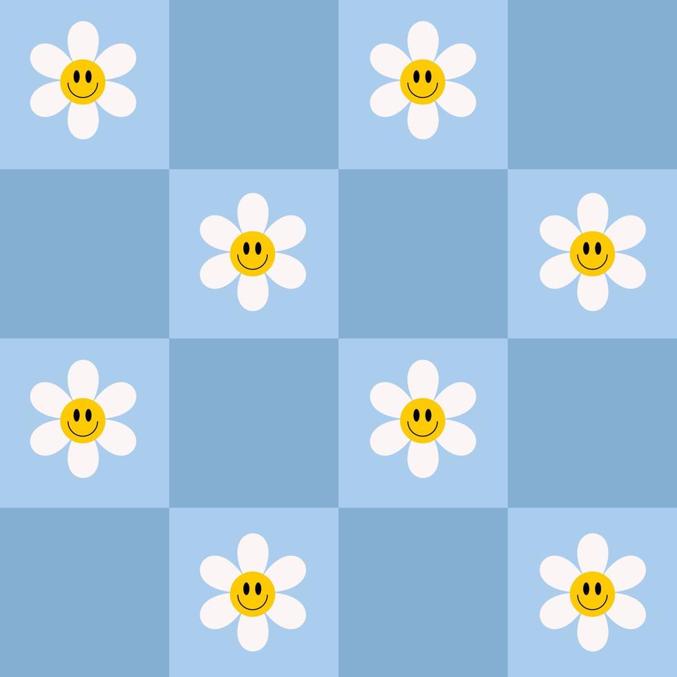 Retro checkerboard groovy seamless pattern with smiling flowers on a blue background. Cute colorful trendy vector illustration in style 70s, 80s