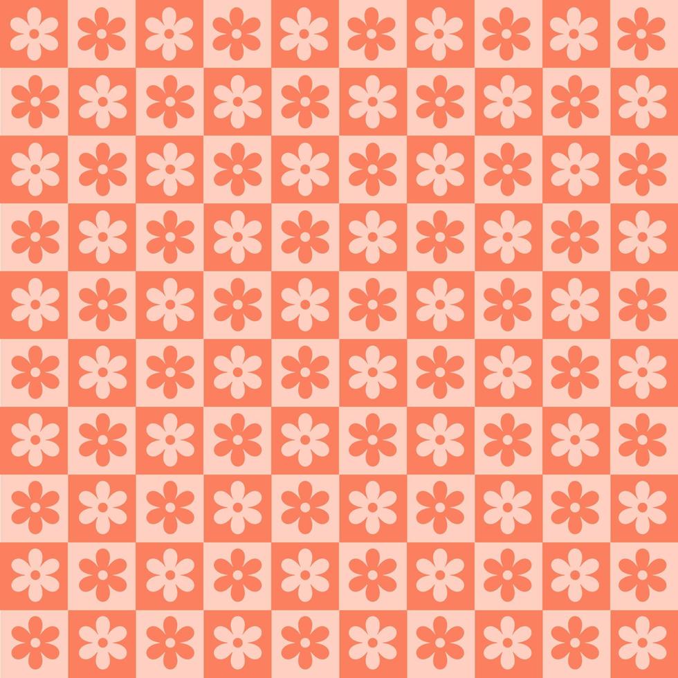 Checkerboard monochrome seamless pattern with red geometric shaped flowers. Colorful vector background in retro style 60s, 70s.