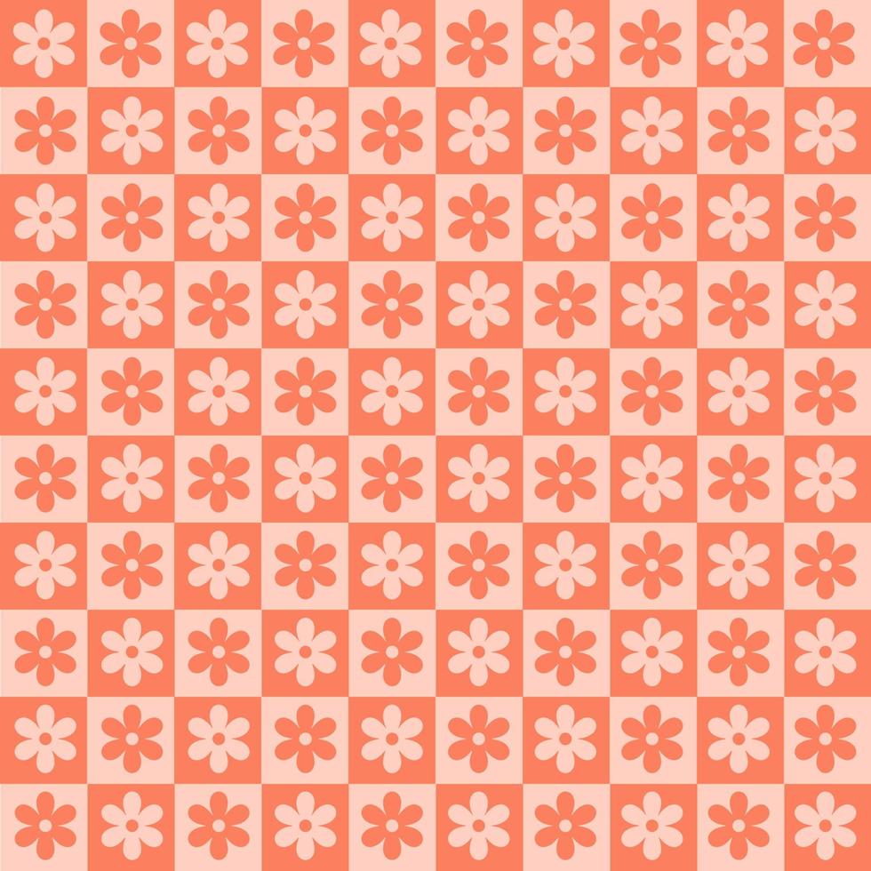 Checkerboard monochrome seamless pattern with red geometric shaped flowers. Colorful vector background in retro style 60s, 70s.