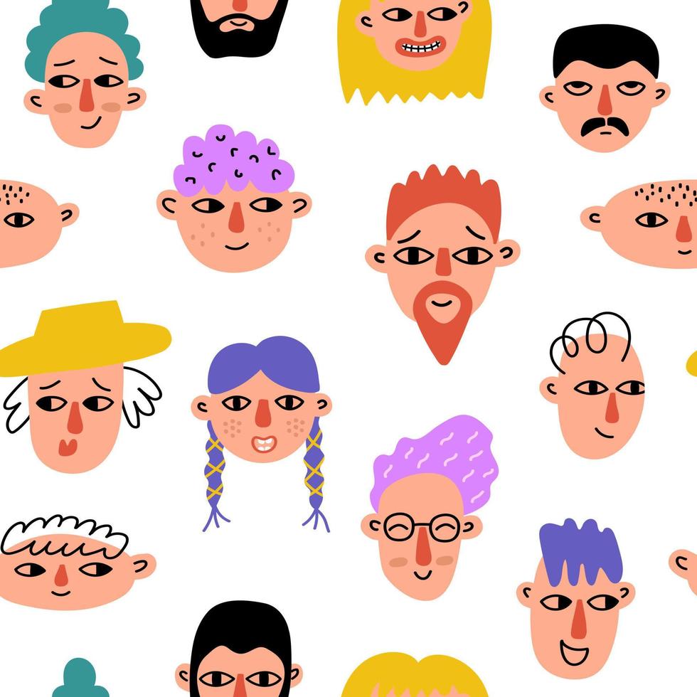 Bright seamless pattern with hand drawn different characters face isolated on white background. Trendy funny cartoon heads. Colorful people avatar. Vector illustration