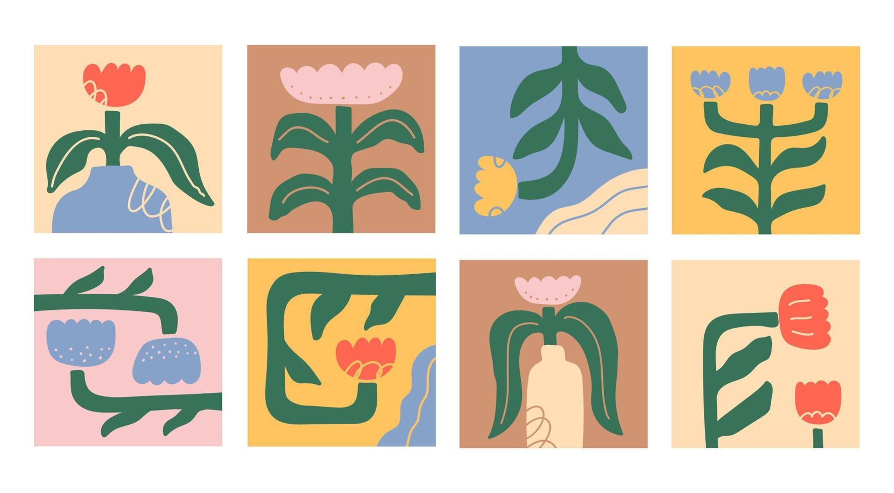 plantas dibujadas a mano de colores abstractos. conjunto moderno de estampados florales. Arte infantil de estilo ingenuo. ilustración vectorial vector