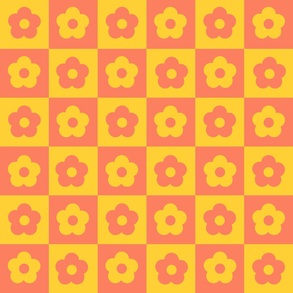 Checkerboard bright seamless pattern with geometric shaped flowers in yellow red colors. Colorful vector background in retro style 60s, 70s.
