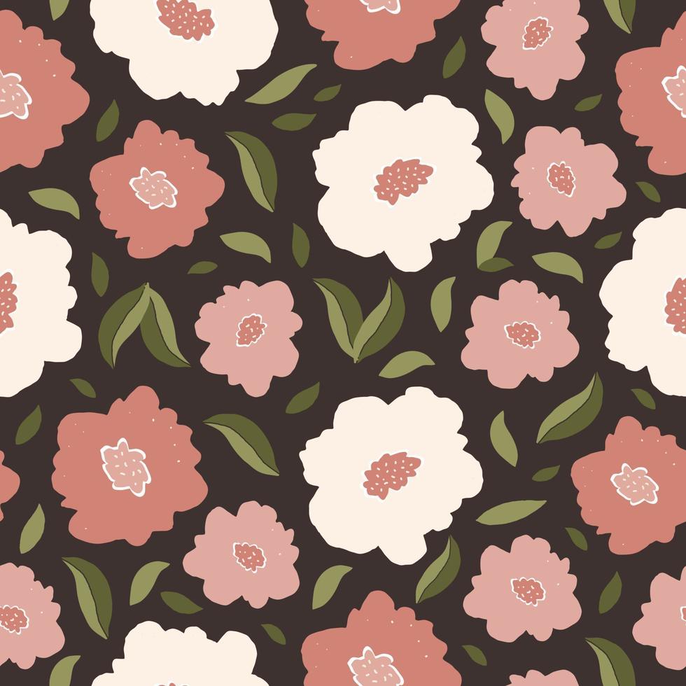 elegante hermoso patrón transparente con flores abstractas sobre fondo oscuro. diseño de estampado floral vectorial en estilo vintage dibujado a mano vector