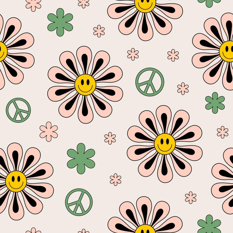 Retro groovy seamless pattern with cute smiling flowers and peace symbols on pastel background. Colorful trendy vector illustration in style 70s, 80s