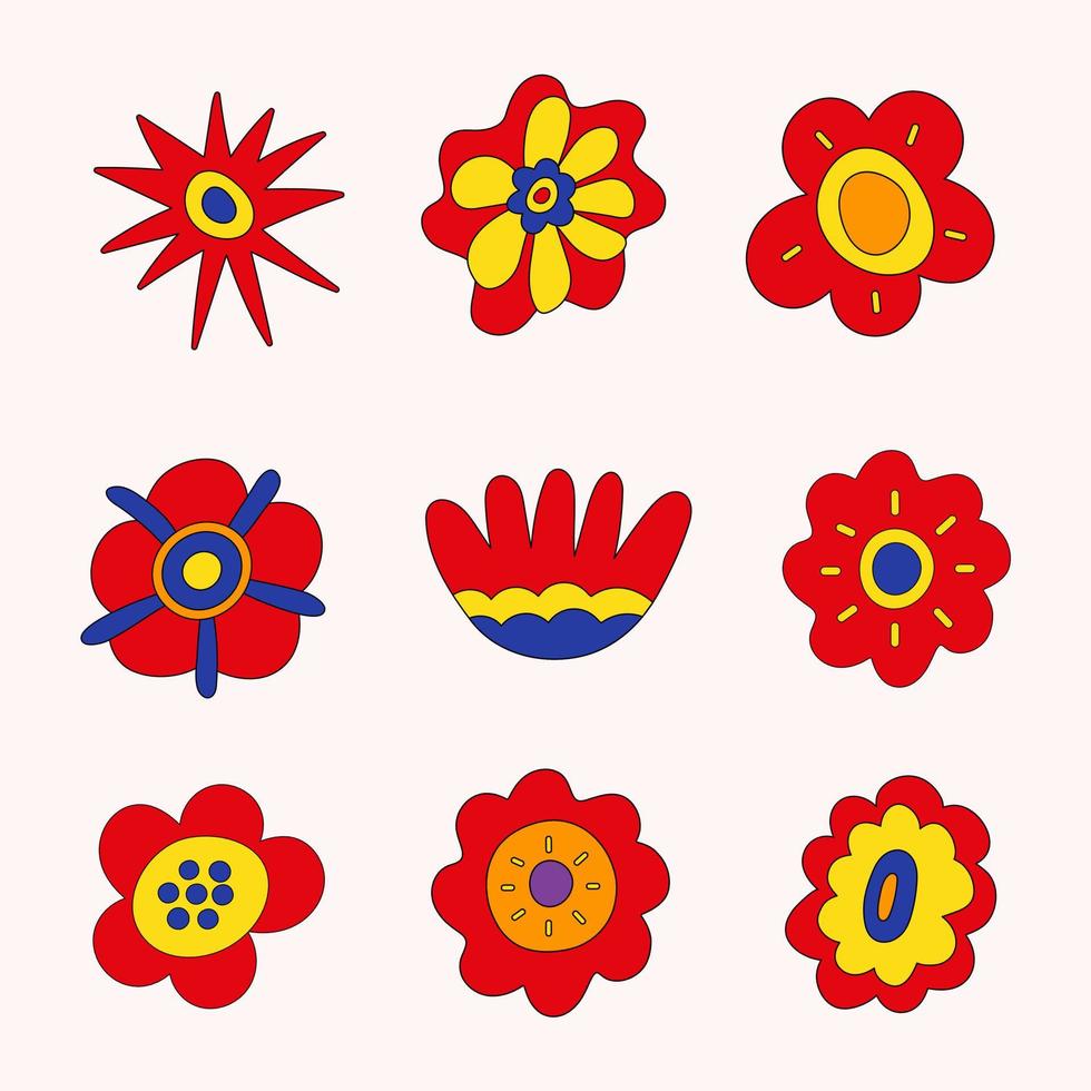 Retro collection of colorful hippie flowers. Vintage festive groovy botanical design. Trendy vector illustration in 70s and 80s style.