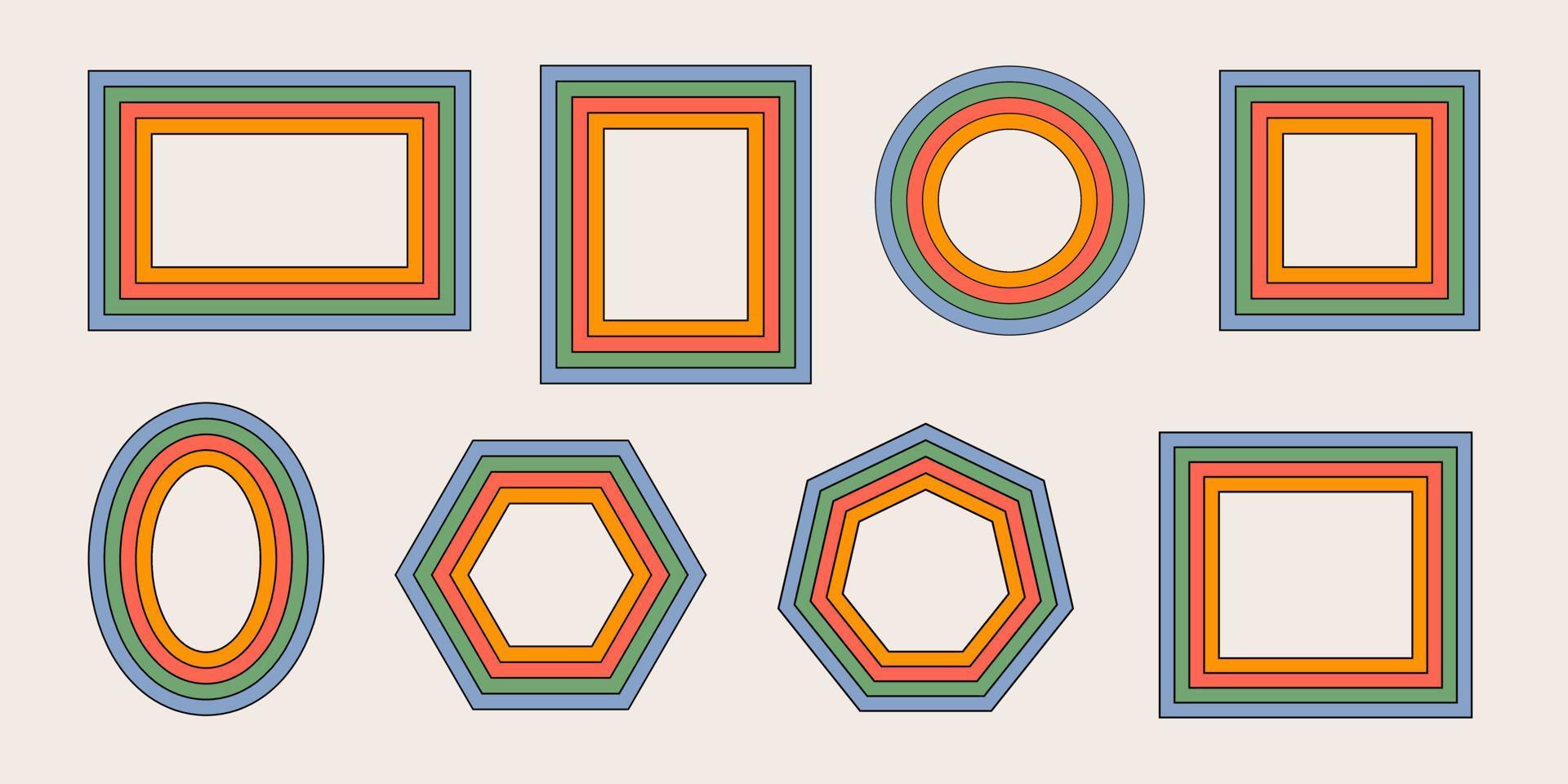 Retro hippie collection rainbow frames in style 60s, 70s. Trendy psychedelic design elements. Vector illustration