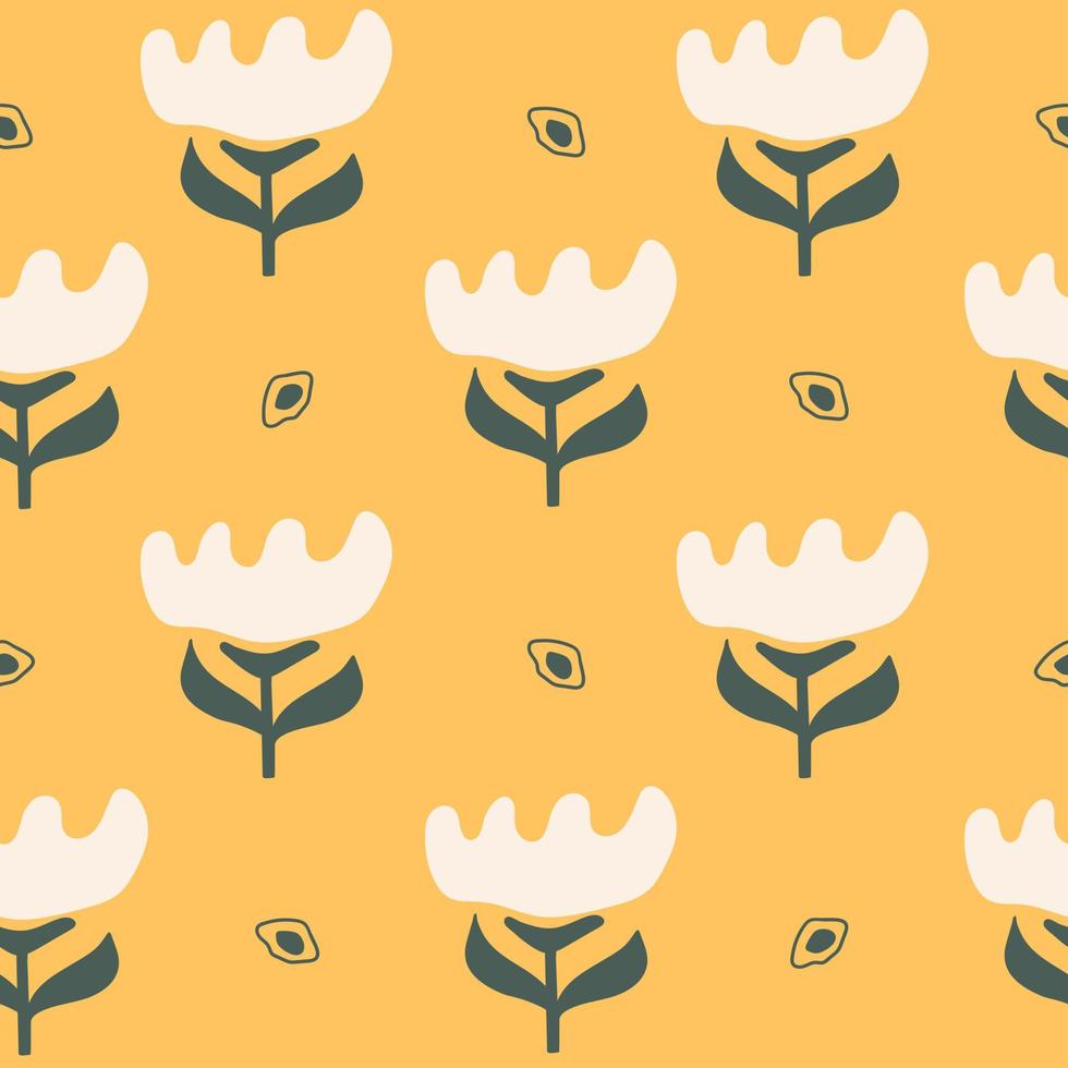 Abstract colorful hand drawn seamless pattern with flowers on a yellow background. Trendy infantile naive style art. Vector illustration