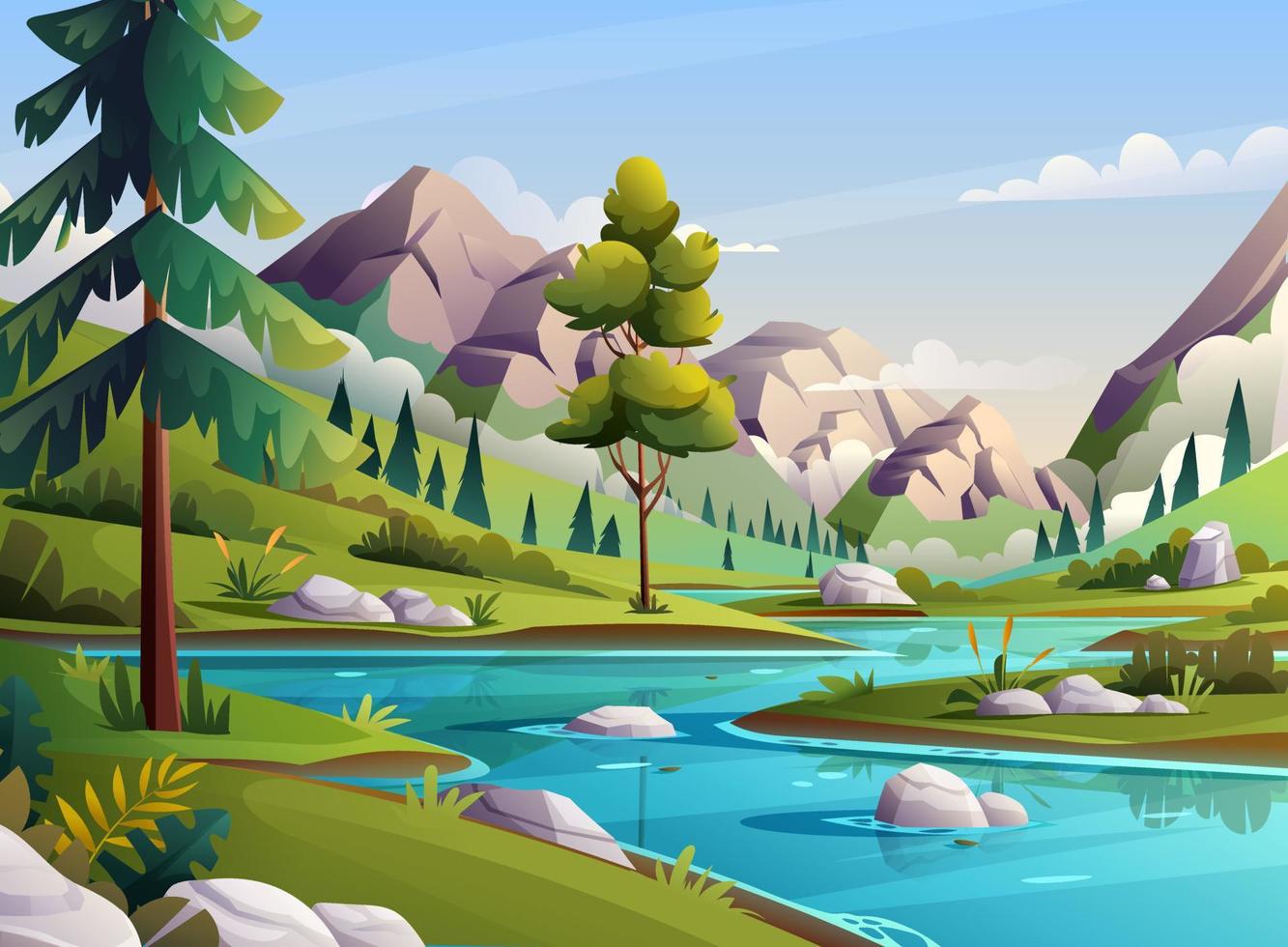 Landscape of valley with blue calm river and rocky mountains view background illustration vector