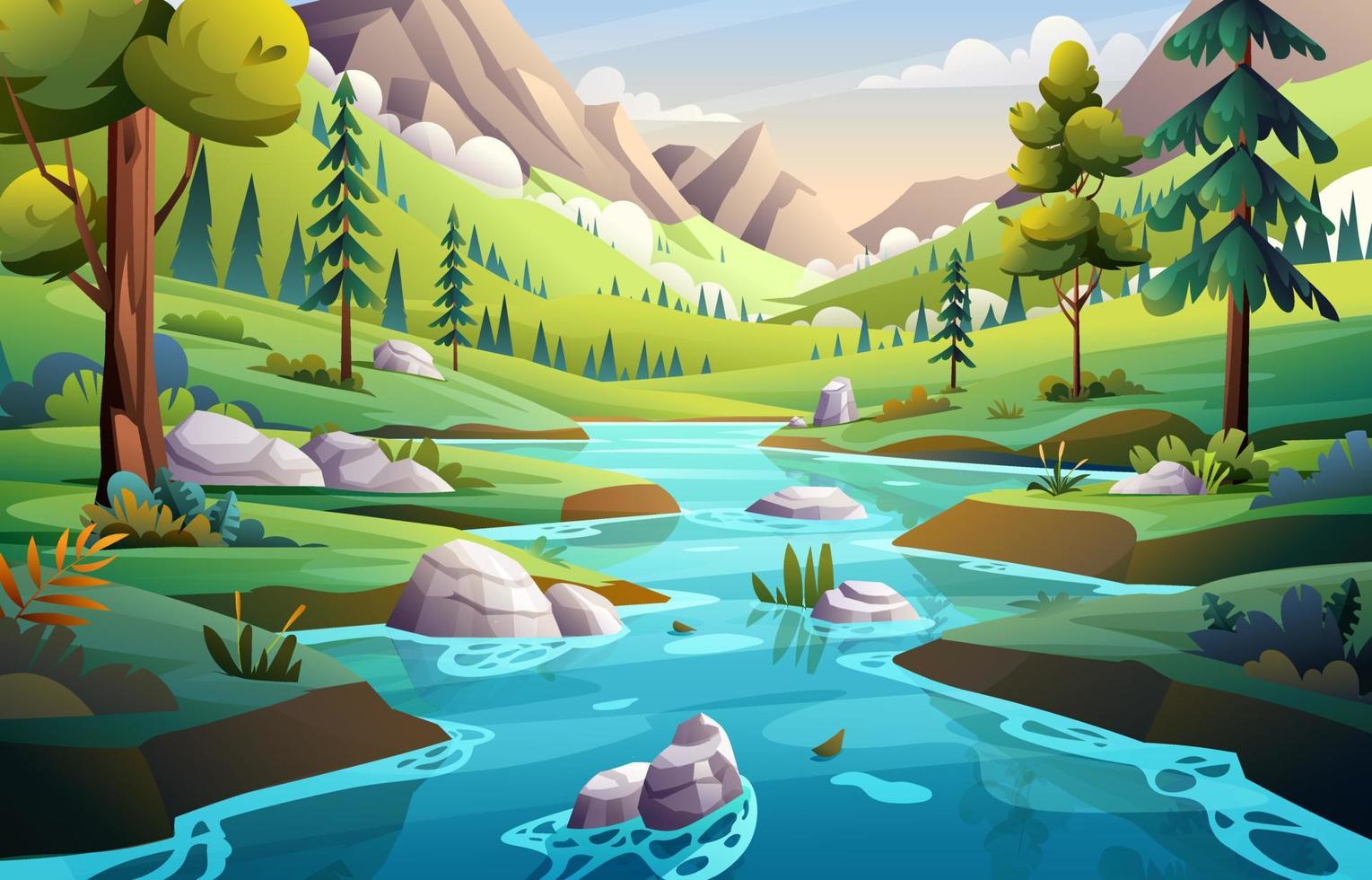 río azul en la ilustración de fondo del paisaje del valle de la montaña vector