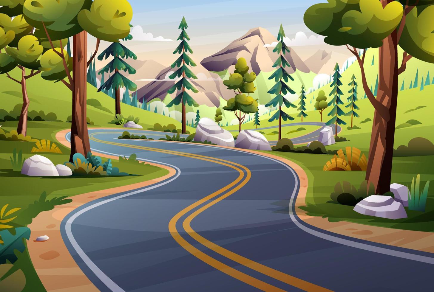 ilustración de paisaje de carretera de montaña. naturaleza carretera a  través de árboles y prado fondo de dibujos animados 8856903 Vector en  Vecteezy