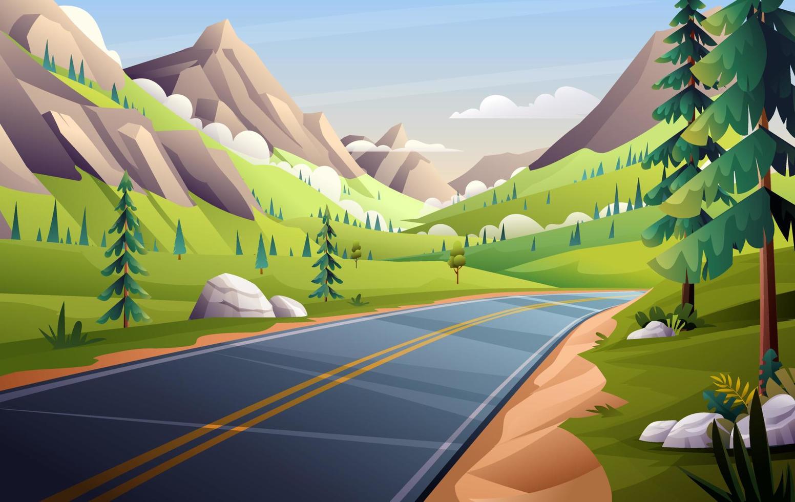 Mountain road landscape illustration. Highway in valley through meadow and trees vector background