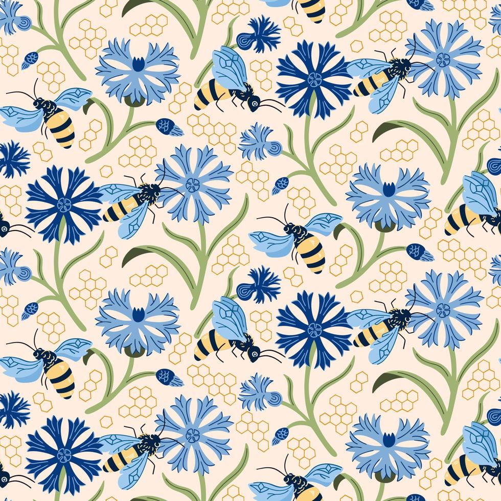 Cute bumblebee on meadow vector seamless pattern. Summer background with bee and cornflower for printing, fabric, wrapping paper, fashion, interior, wallpaper.
