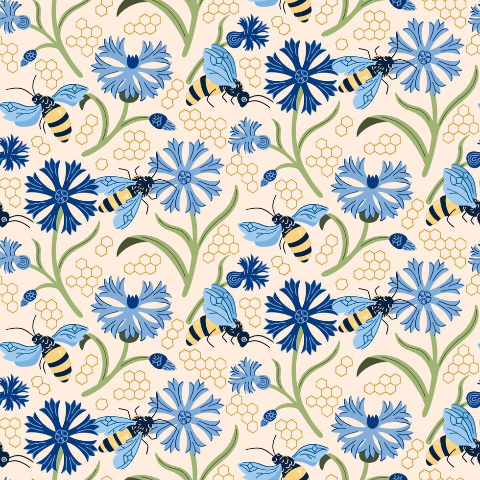 Cute bumblebee on meadow vector seamless pattern. Summer background with bee and cornflower for printing, fabric, wrapping paper, fashion, interior, wallpaper.