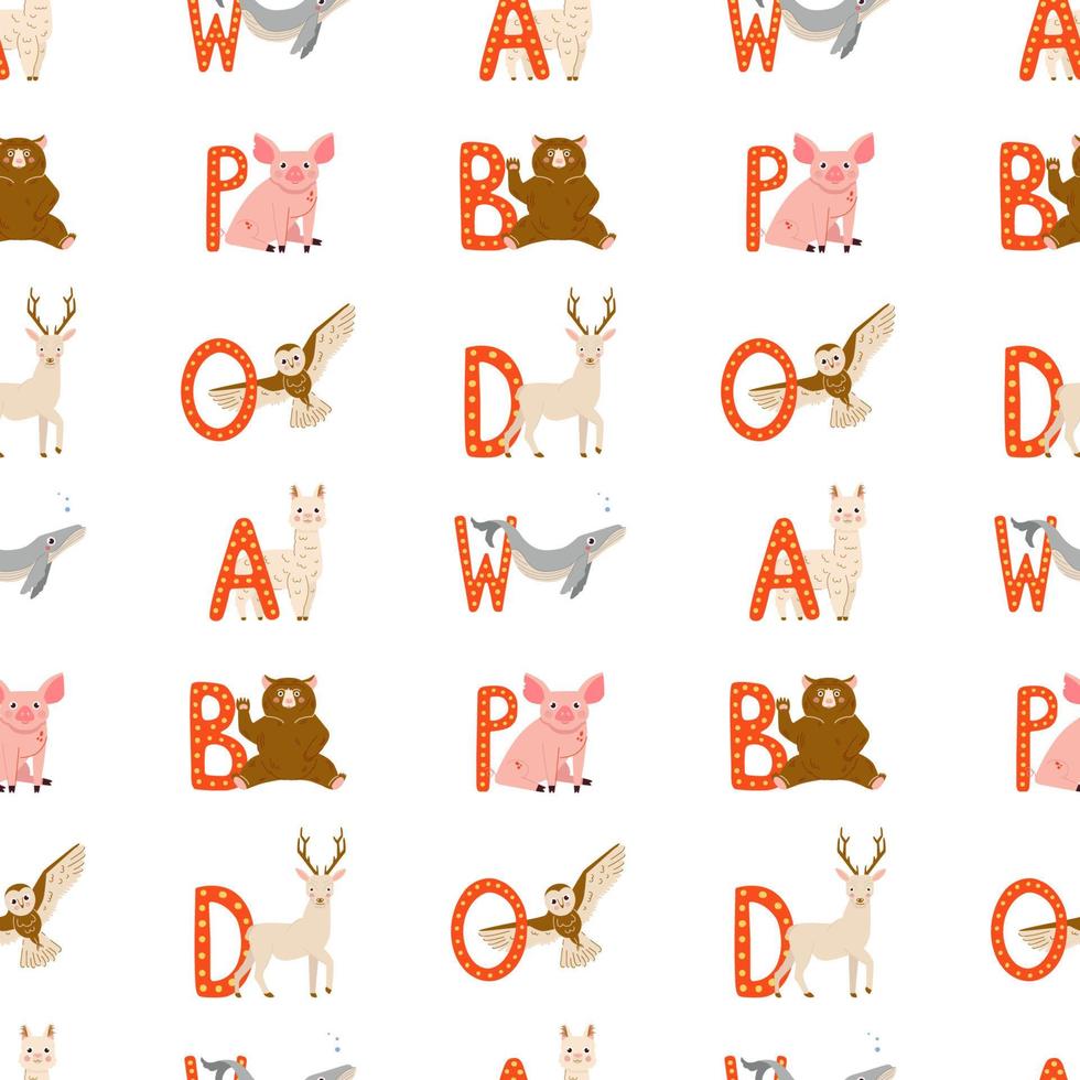 Cute vector seamless pattern with cute baby animals and alphabet letters on a white background, for baby fabric, scrapbooking, wallparer