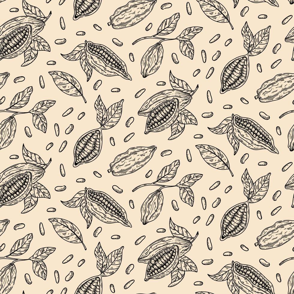 Cocoa branch vector seamless pattern. Chocolate design hand drawn background on white background in sketch style