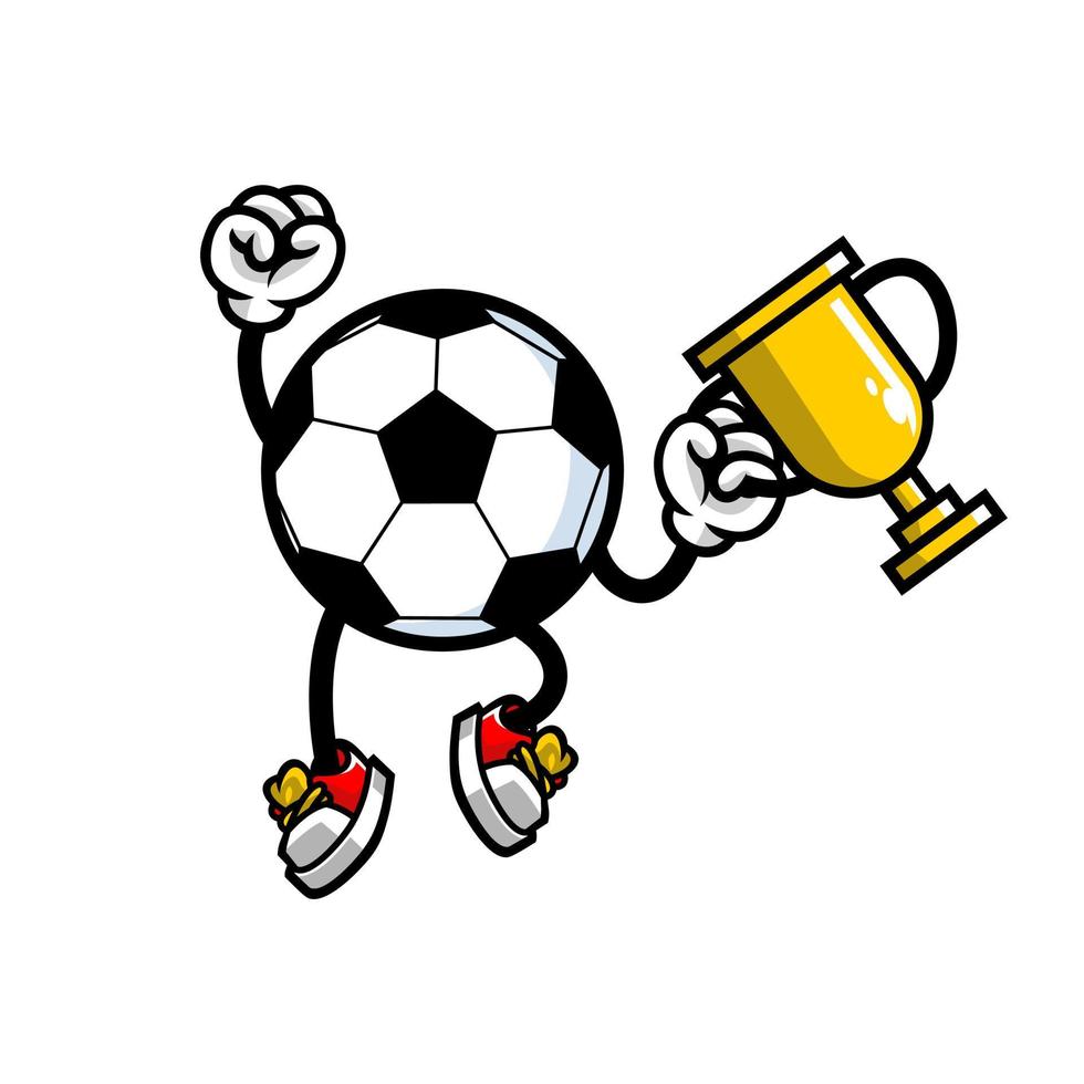 mascota de fútbol sosteniendo un trofeo celebrando la victoria, ilustración vectorial vector