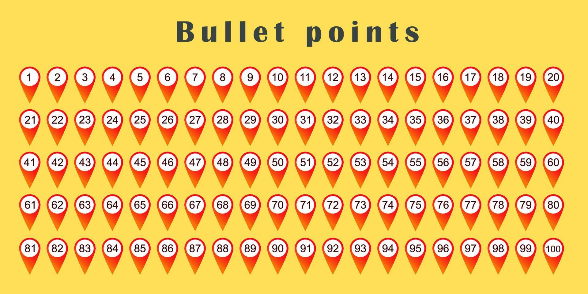 Bullet point set from 1 to 100. Red markers with numbers in white circles. Graphic design vector