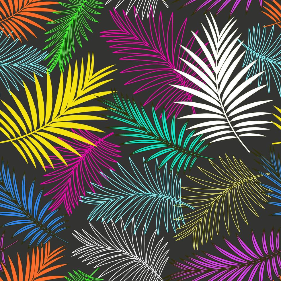 Palm leaves pattern. Tropical seamless colorful pattern.  Bright summer colors. Suitable for fabrics, packaging and covers. Dark background. Vector design.