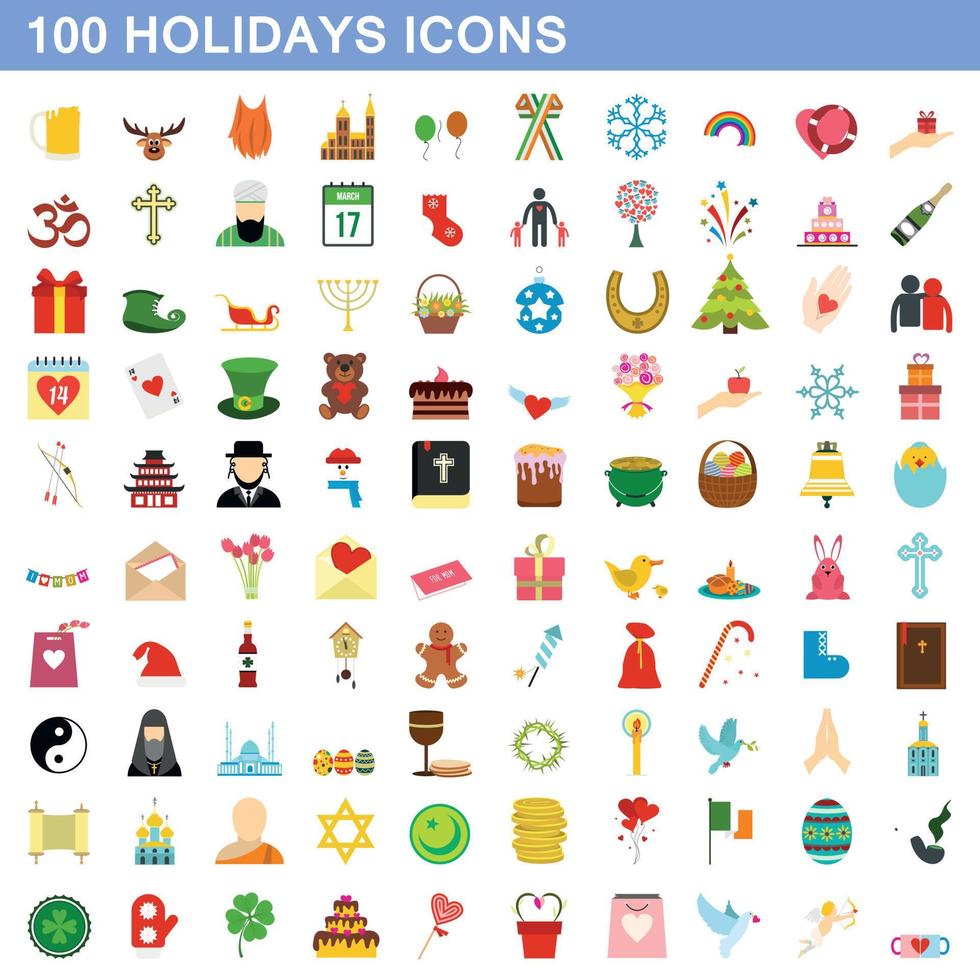 100 vacaciones, conjunto de iconos de estilo plano vector