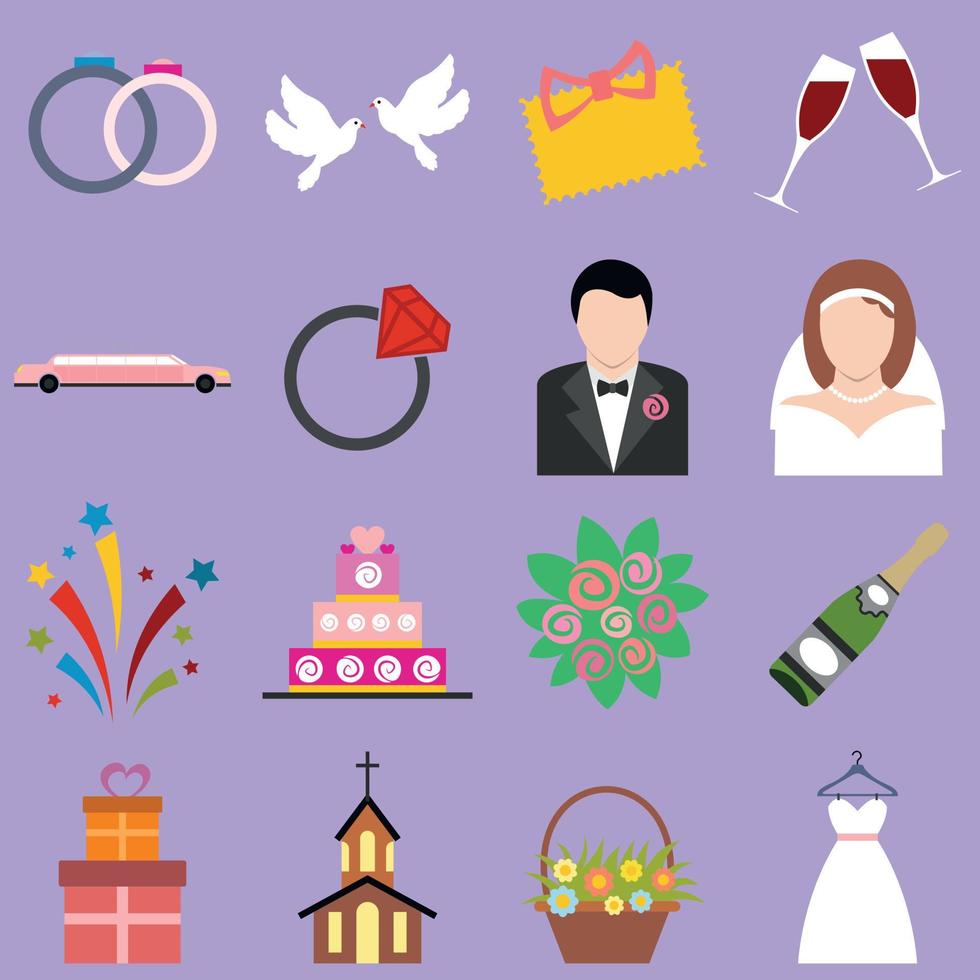 Wedding flat icons set vector